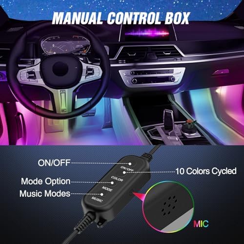 Nilight 4PCS Interior Car Strip Lights Cigarette Lighter Dream Color RGB-IC 12V DC with App Remote Control Multicolor Under Car Dash Lighting 2 Lines Design Music Sync Mode for Cars Truck ATV UTV