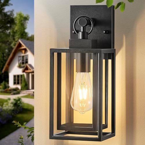 14 in Outdoor Front Porch Light Fixtures,Double-Frame Black Outdoor Lanterns for Patio Waterproof with Clear Tempered Glass Exterior Lights for House,Garage,Yard,Indoor, E26 Base,1 Pack