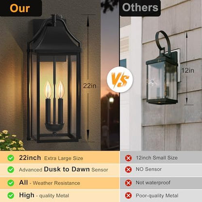 22IN Dusk to Dawn Outdoor Wall Sconce, 2-E12 Base Exterior Light