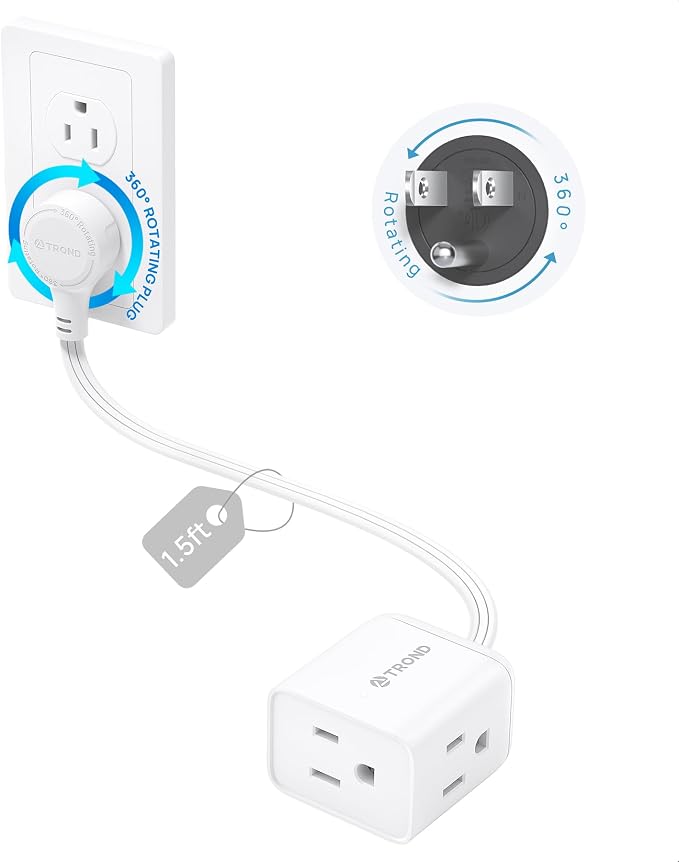 TROND Rotating Flat Plug Short Extension Cord 1.5ft, 3AC, ETL Listed, White