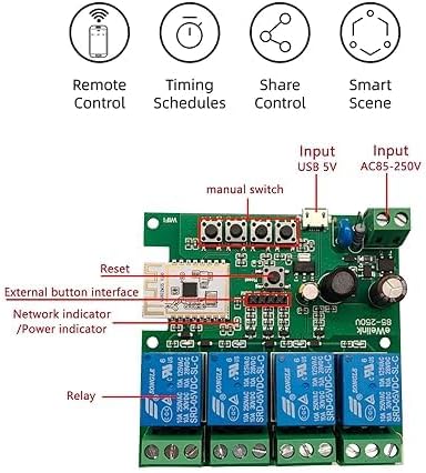 EWeLink 4CH 85-250V Smart WiFi Switch Controller, APP Remote Control,Bluetooth RF Remote Control, Point/Self-Locking/Interlocking, Compatible with Alexa