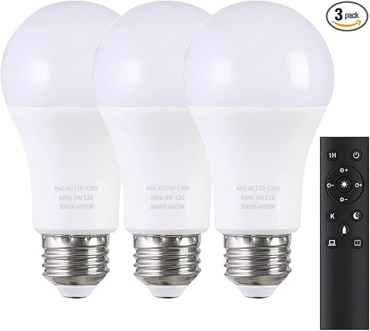 A19 LED Light Bulbs with Remote Control, 800LM 9W (60W Equivalent) Bulbs,Stepless Dimmable 3000K-6000K,E26 Base,CRI 80+,2.4GHz,25000+ Hours Lifespan,Light Bulb for Home Decor,3Bulb & 1Remote