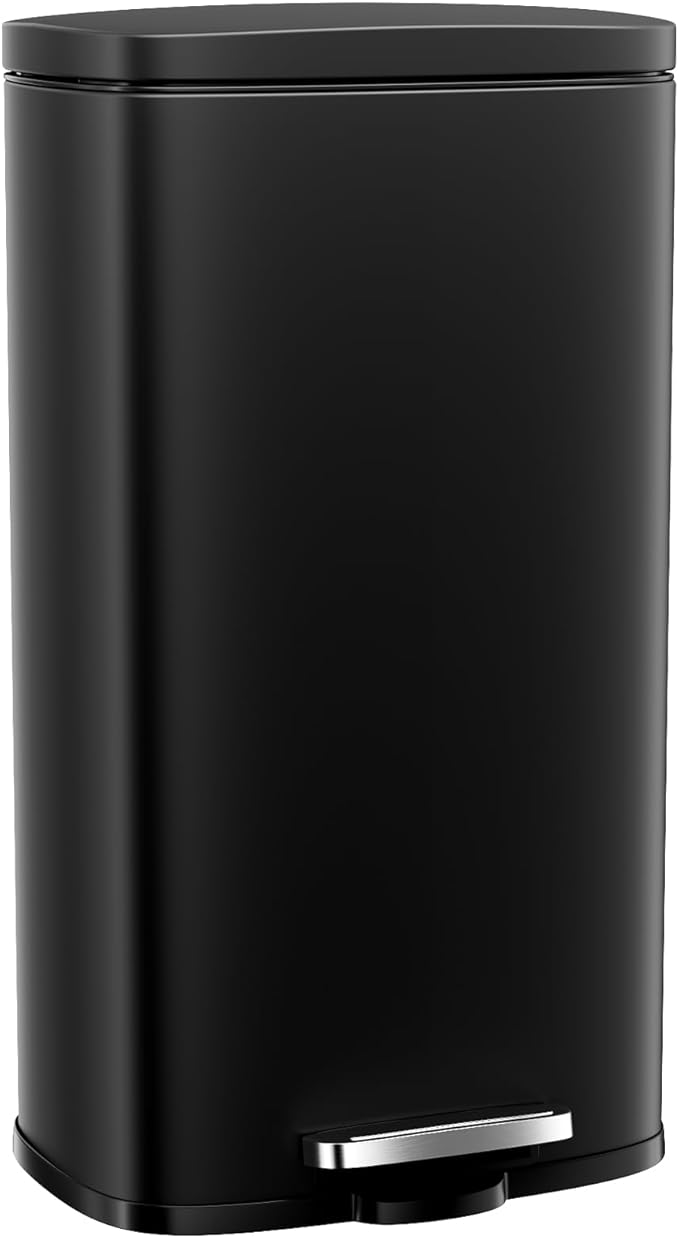 Arlopu 8 Gallon Step Trash Can, Stainless Steel Garbage Bin, Soft-Close Rubbish Bin with Removable Plastic Inner Bucket, Fingerprint-Proof, Lid Dustbin, Suit for Kitchen Home (Black, 30L)