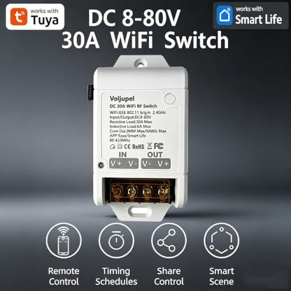 Tuya 30A DC 8-80V WiFi Remote Switch Heavy Duty for RV Solar Pump LEDLight