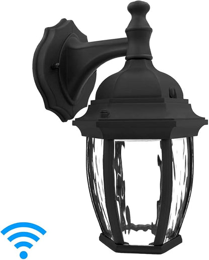 Maxxima Luvoni WiFi LED Outdoor Wall Light, 850 Lumens, CCT 2700K-6500K | Smart, Black w/ Clear Water Glass, App Controlled Porch Lantern, Dimmable, Works with Google Home/Alexa, by Maxxima