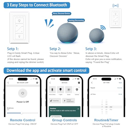 2PCS Dimmer Switch, Smart Light Switch Remote with Alexa Wireless | Single Pole Wireless Switch for Dimmable LED/CFL/Incandescent Light, 6-Level Brightness Adjustment, Bluetooth Voice Control