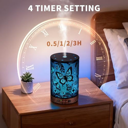 Essential Oil Diffuser 120ML Metal Aromatherapy Diffuser with Timer, Cool Mist Humidifier with Auto Shut-Off & 7 Color Lights for Home Office Spa (Big Butterfly)