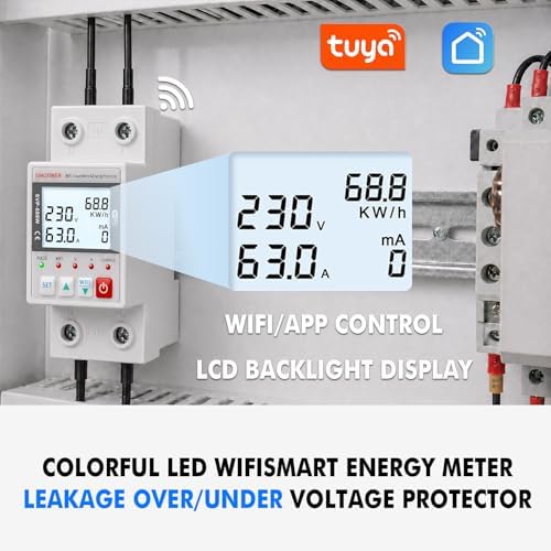 WiFi Smart Energy Meter AC 63A 220VAC, WiFi Earth Leakage Over Under Voltage Protector, Circuit Breaker Din Rail, Electricity Energy Monitor APP Remote Control Smart Life