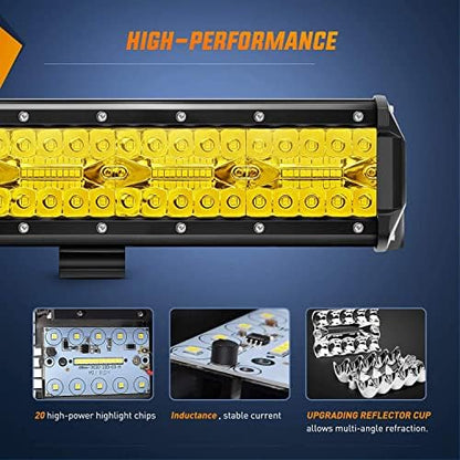 Nilight 20 Inch 420W LED Light Bar Yellow Triple Row Flood Spot Combo 42000LM Driving Boat Led Off Road Lights with 12V On/Off 5 16AWG Wiring Harness Kit, 2 Years Warranty