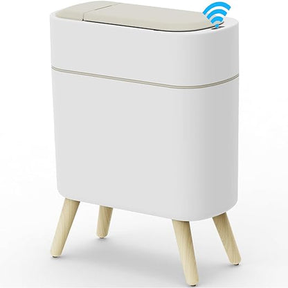 Yatmung Motion Sensor Bathroom Trash Can with Lid 2.5 Gal Smart Trash Bin - Waste Basket for Bedroom, Office, Living Room - Slim Bathroom Garbage Can Automatic Touchless - White with Wooden Legs