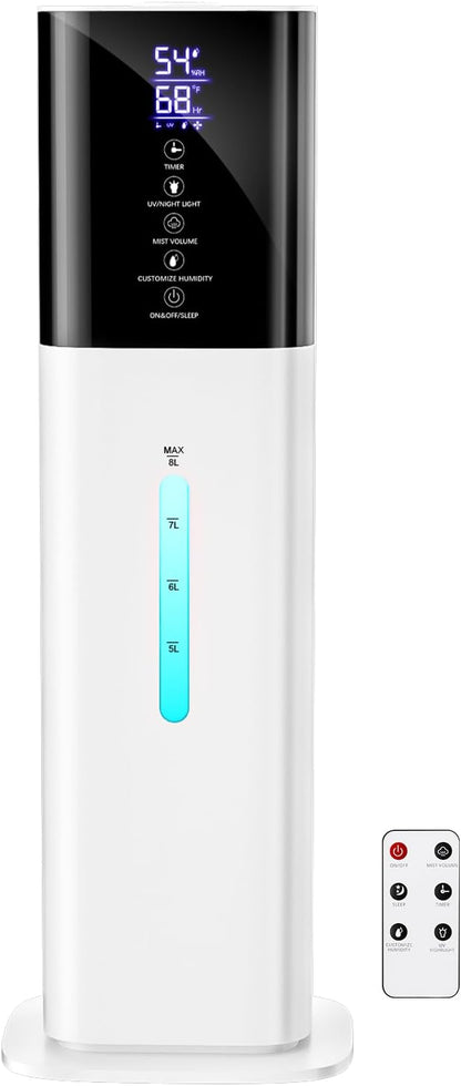 Humidifier Large Room Bedroom, 8L/2.1Gal Top Fill Cool Mist Humidifiers with Humidistat, 3-Speeds, 48H Runtime, Quiet Sleep Mode, Night Light, 12H Timer, 360° Nozzle & Aroma Diffuser for Baby, Plants