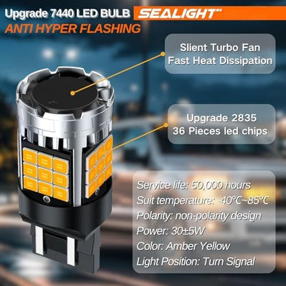 SEALIGHT 7443 7440 Amber Yellow, T20 LED Bulb Amber Anti Hyper Flashing, W21W LED Bulb for Turn Signal Light Need Extra Load Resistor, Pack of 2