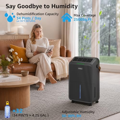 KNKA 2500 Ft² Max 34 Pints Dehumidifier for Basement with Drain Hose, Black