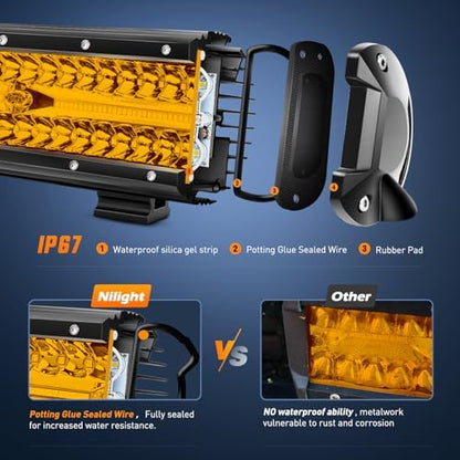 Nilight Led Light Bar 12 Inch Amber 300W Spot Flood Combo Waterproof Triple Rows Off Road Fog Light with 5Pin Rocker Switch Wiring Harness Kit-1 Lead