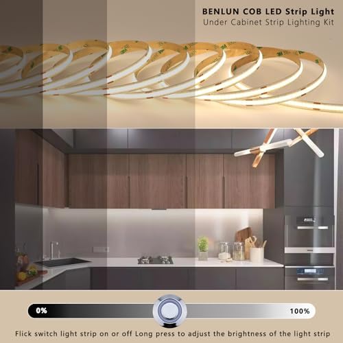 BENLUN 12V COB LED Under Cabinet Strip Lighting Cuttable 32.8ft for Kitchen