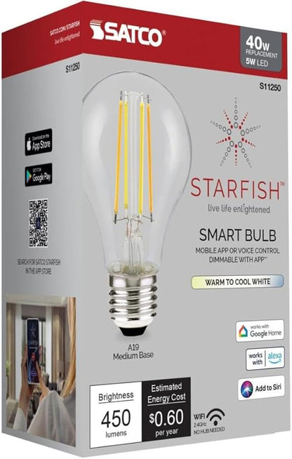 Satco S11250 Starfish Tunable White WiFi Smart LED Light Bulb, Works with Siri, Alexa, Google Assistant, SmartThings, Clear, A19, 1 Pack