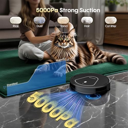 Bagotte Robot Vacuum and Mop Combo,5000Pa Suction Robotic Vacuums Cleaner with Low Noise, Self-Charger,2.4G WiFi/App/Alexa/Remote Control for Pet Hair,Hard Floor,Carpet