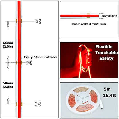 24V COB LED Strip Light Red 5M/16.4ft 2400LEDs IP20 Not Waterproof