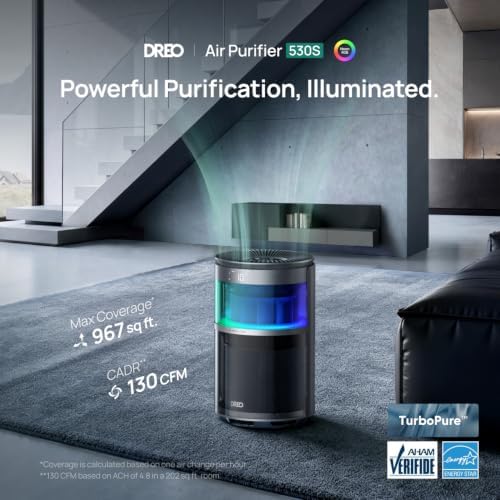 DREO Smart Air Purifier With RGBIC Light,Home Air Cleaner with Wi-Fi/Voice/Alexa, 4 Speeds & Auto/Turbo/HEPA Sleep Modes for Smoke, Dust, Pollen, Odor, PM2.5 Quality Monitor, DREO 530S, DR-HAP010S