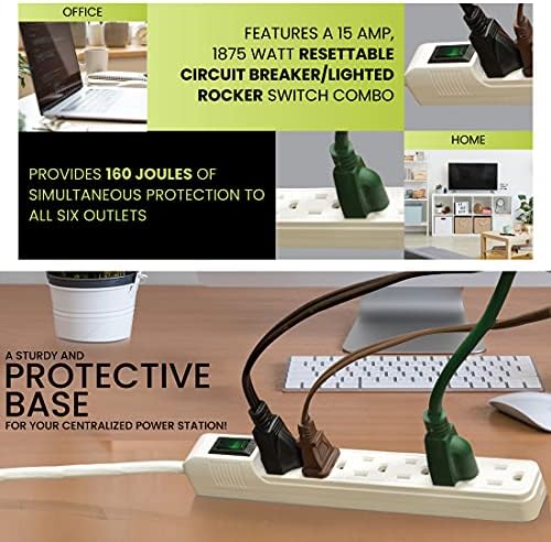 Go Green Power 6-Outlet Mini Surge Protector, 90 Joules, Circuit Breaker, Mountable, White – Ideal for Computers & Home Appliances