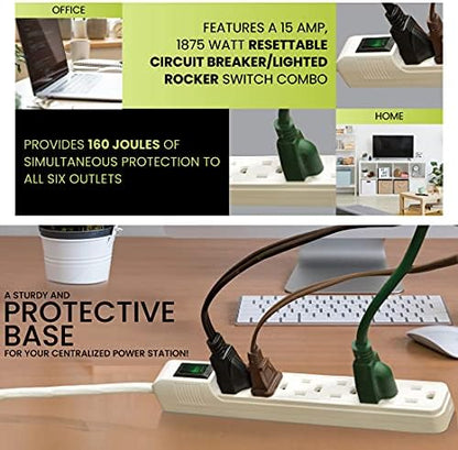 Go Green Power 6-Outlet Mini Surge Protector, 90 Joules, Circuit Breaker, Mountable, White – Ideal for Computers & Home Appliances