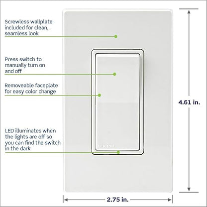 Leviton Decora Smart Switch, Wi-Fi 2nd Gen, Neutral Wire Required, Works with Matter, My Leviton, Alexa, Google Assistant, Apple Home/Siri & Wired or Wire-Free 3-Way, D215S-1RW, White