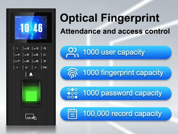 Fingerprint access control with time clock, password, and card access control keypad. HD screen, keypad door lock controller, 1000 user capacity. Suitable for offices, villas, apartments, homes