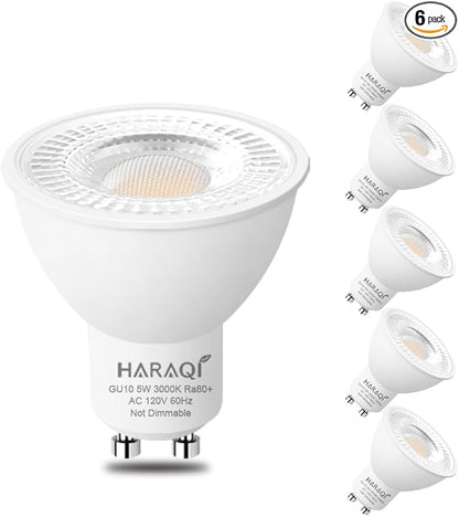 haraqi 6 Pack GU10 120V 5W LED Bulb, 400LM 3000K Soft Warm Light, 50W Equivalent Reflector Flood Replacement Light Bulbs for Kitchen Hood, Ceiling Fan, Table Lamps