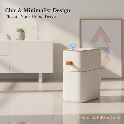 MOPALL Touchless Bathroom Trash Can with Lid, 3 Gallon / 12L Slim Motion Sensor Garbage Bin, Automatic Waste Basket for Bedroom, Office & Narrow Spaces, White & Gold