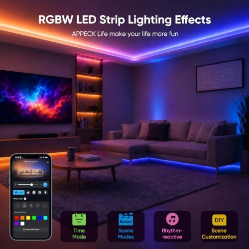 APPECK 32.8ft LED Strip Lights, RGBW Strip Lighting with APP Control