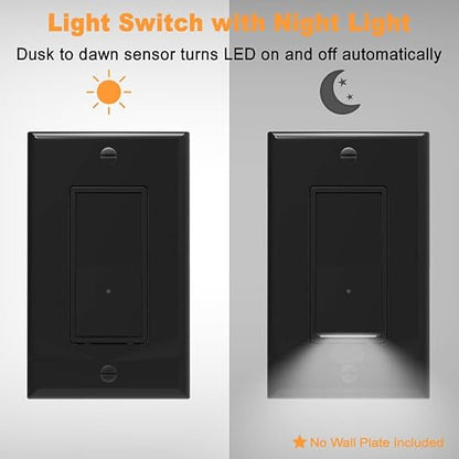 10 Pack SOZULAMP Light Switch with LED Night Light 15Amp 120/277Volt Rocker Single Pole Wall Switch, Automatic On/Off Sensor-Black