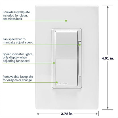 Leviton Decora Smart Fan Speed Controller, Wi-Fi 2nd Gen, Neutral Wire Required, Works with My Leviton, Alexa, Google Assistant, Apple Home/Siri & Wired or Wire-Free 3-Way, D24SF-1RW, White