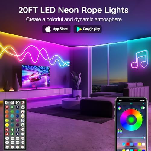 AILBTON 20Ft LED neon Lights with Remote APP Control IP65 Waterproof Flexible Neon Strip Lights 24V RGB Rope Lights for Bedroom Room Outdoors Décor