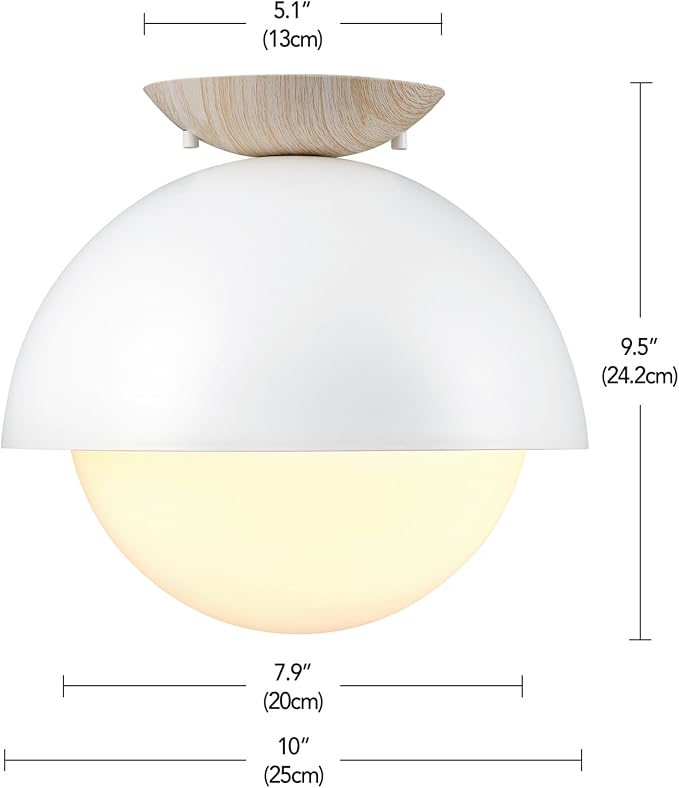 Globe Electric Oswald 1-Light Flush Mount, Matte White, Faux Wood Accent Canopy, Frosted Glass Shade, Bulb Not Included