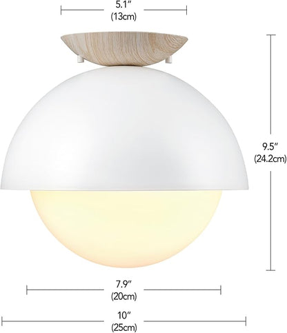 Globe Electric Oswald 1-Light Flush Mount, Matte White, Faux Wood Accent Canopy, Frosted Glass Shade, Bulb Not Included