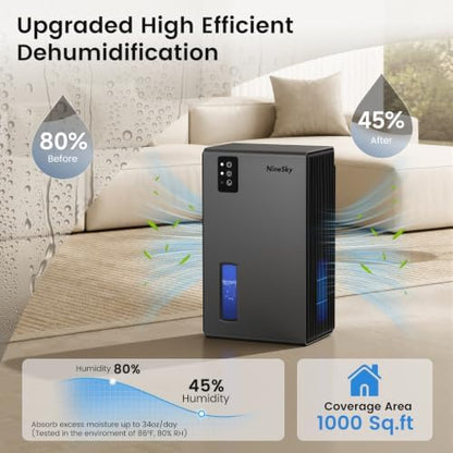 NineSky Dehumidifiers for Home, 1000 Sq.Ft Dehumidifier with 95oz Water Tank, Quiet Dehumidifier for Basement Bathroom Bedroom with 7-Color Ambient Light & Auto Shut Off, (Grey)