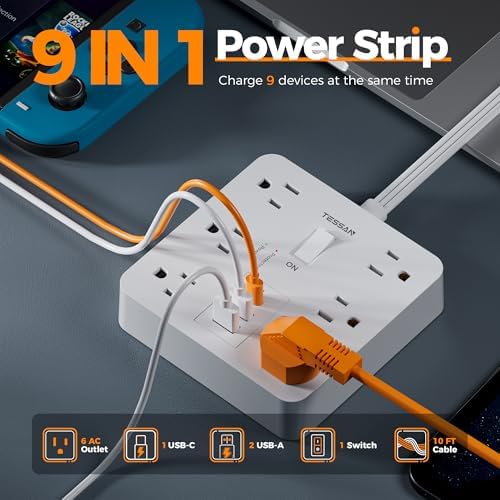 TESSAN Surge Protector Power Strip, 10Ft Flat Plug Extension Cord, White