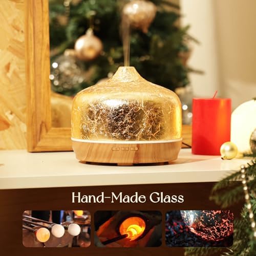 Porseme 500ml Glass Essential Oil Diffuser Aromatherapy Ultrasonic Cool Mist Humidifier 15-21 Running Hours Waterless Auto-Off Air Diffusers for Sleeping Yoga Working Spa(Gold Plated)