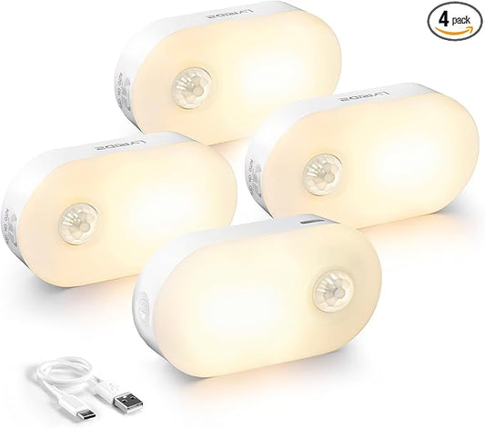Lyridz Rechargeable Battery Night Light with Motion Sensor, Stick on Anywhere, 1-20LM Dimmable LED Nightlights for the Bedroom, Bathroom, Living Room, Kitchen, Stairs, Hallway, 4-Pack