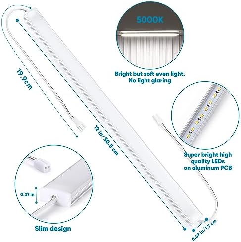Litever Under Cabinet Lights Plug in, 3 pcs 12 Inches LED Light Strip Bars. Super Bright Dimmable Linkable for Kitchen Under Cabinets Shelf Work Space Desk Closet Lighting. Daylight 5000K