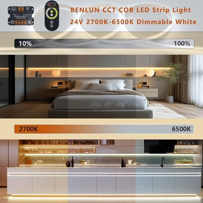 BENLUN 24V CCT COB LED Strip Lights 65.6ft with Remote and Power Supply