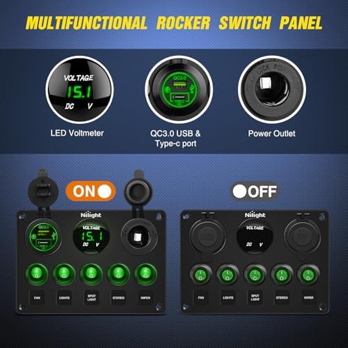 Nilight 5 Gang Multi Function Waterproof Switch Panel Green