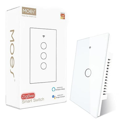 MOES Zigbee Smart Switch 1 Gang, Require MOES Zigbee Hub and Neutral Wire, Inteligente Single Pole Light Switch, Work as Relay, Support Tuya Smart Life, White