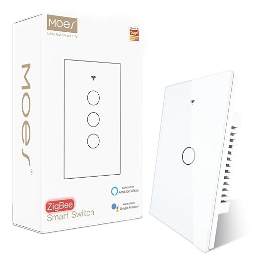 MOES Zigbee Smart Switch 1 Gang, Require MOES Zigbee Hub and Neutral Wire, Inteligente Single Pole Light Switch, Work as Relay, Support Tuya Smart Life, White