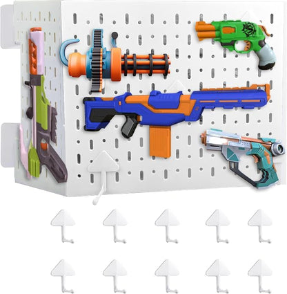 Peg Board for Nerf Gun Storage Organizer - 14.2 x 8.5 x 11 In - White | ABS Plastic Hanging Holder Compatible with All Blasters Nerf Gun Rack Organizer for Wall Organization with 10 Triangle Hooks