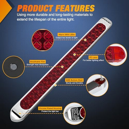 Nilight LED Tail Light 17" Red Running Brake Turn Lights W/Chrome Bezel
