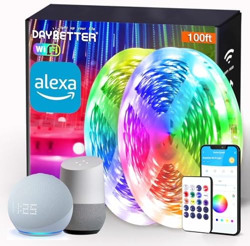 DAYBETTER Smart WiFi Led Lights 100ft - Led Strip Lights Work with Alexa and Google Assistant RGB Strip Lighting Music Sync Color Changing with App Voice Remote Control for Room Bedroom Decor 50ft*2