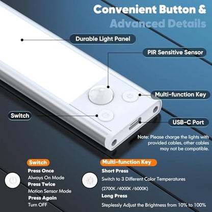 Under Cabinet Lights, 2500mAh 12 Inch Motion Sensor Rechargeable Battery Operated Wireless Under Counter Lights Indoor, Magnetic 108-LED Dimmable Closet Lights for Kitchen with 3 Color Temps 5-Pack
