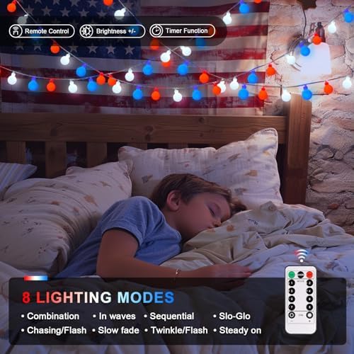 JMEXSUSS 33ft 100 LED Red White and Blue Lights Battery Operated