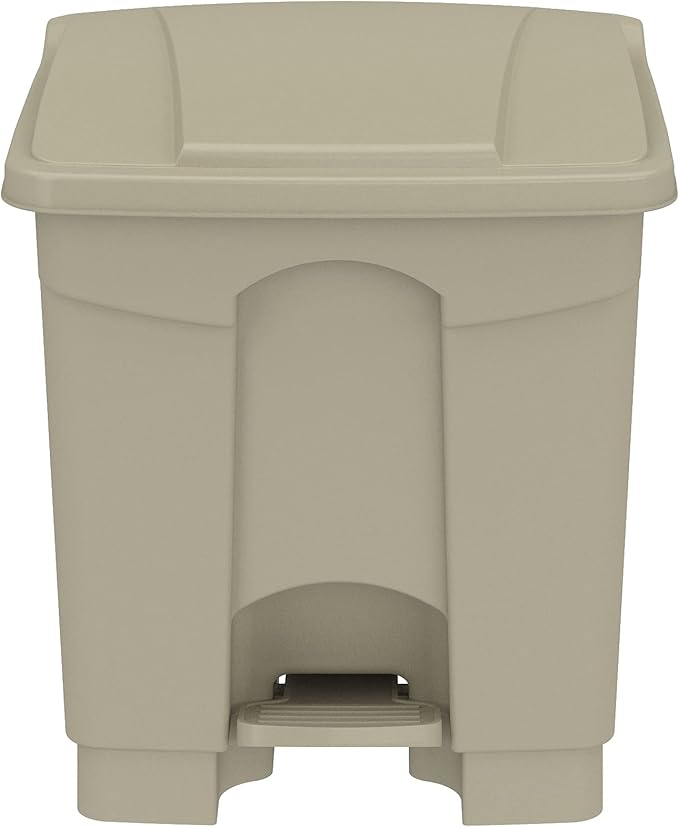 Safco Step-On Indoor Plastic Trash Can, Hands-Free Disposal, 8 Gallon, Tan